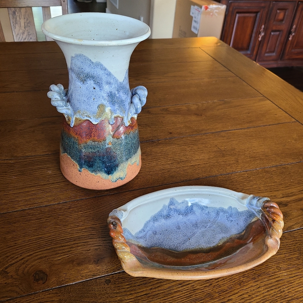 Studio Art Pottery signed by Anita Garfain of Littleton CO vase and relish tray